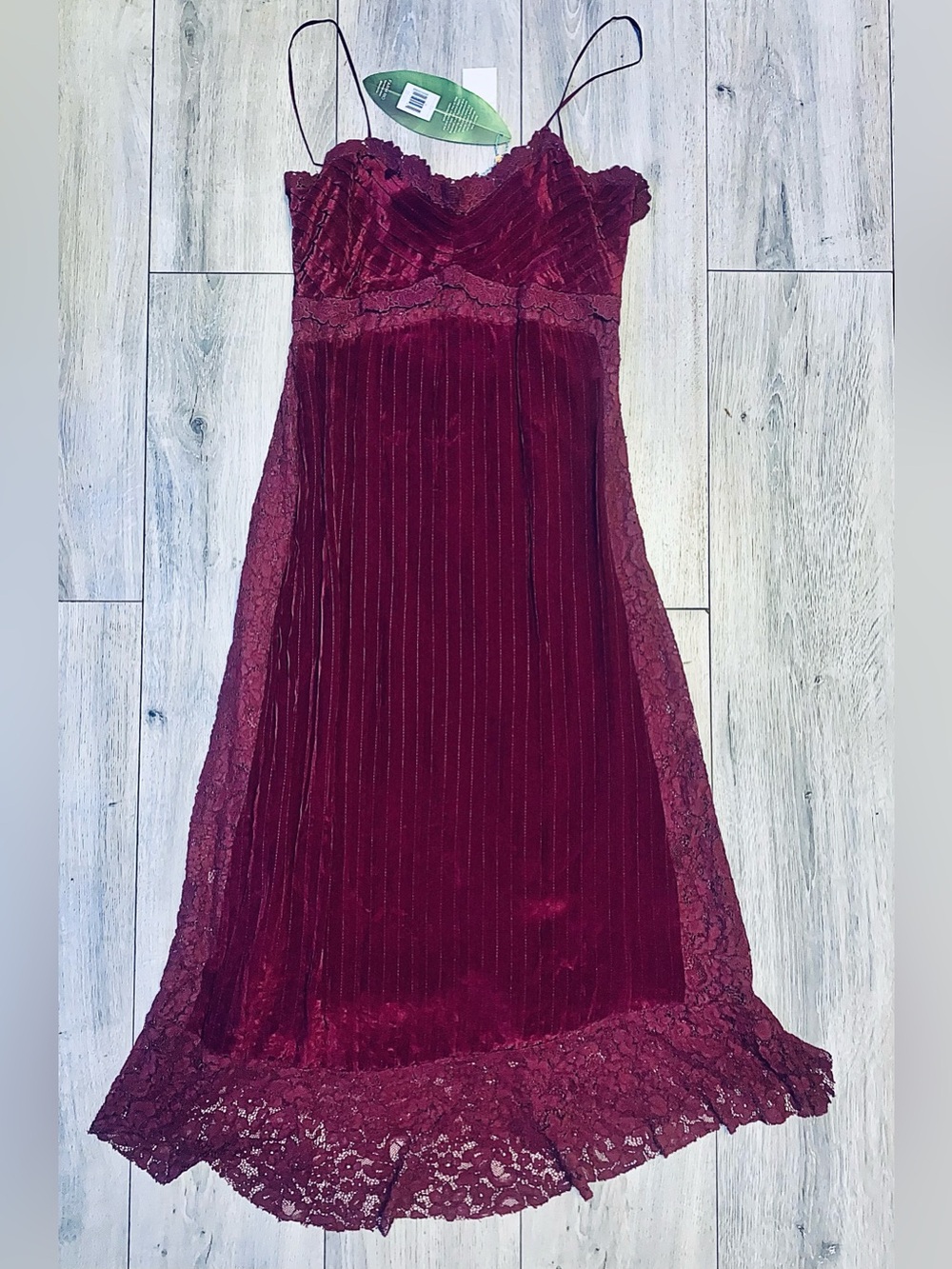 Farm Rio Pintucked Crepe de Chine and Corded Lace Midi Dress in Burgundy M NWT